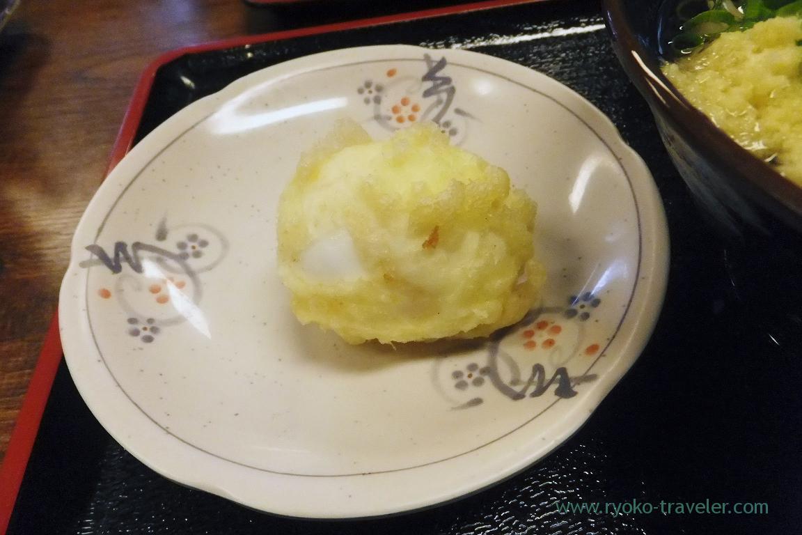 Half-boiled egg tempura, Teuchi udon baka ichidai, Hanazono(Takamatsu 2015)