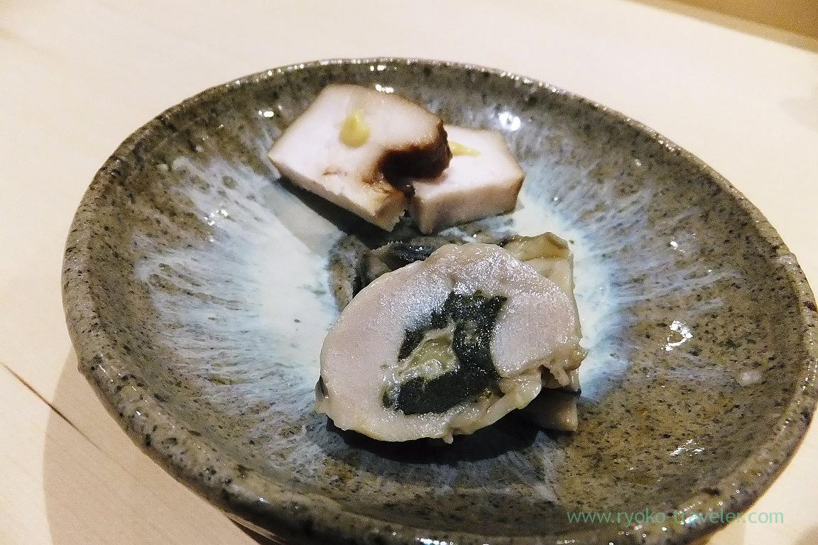 Marinated oyster with miso and roasted striped marlin, Sushi Hashimoto (Shintomicho)