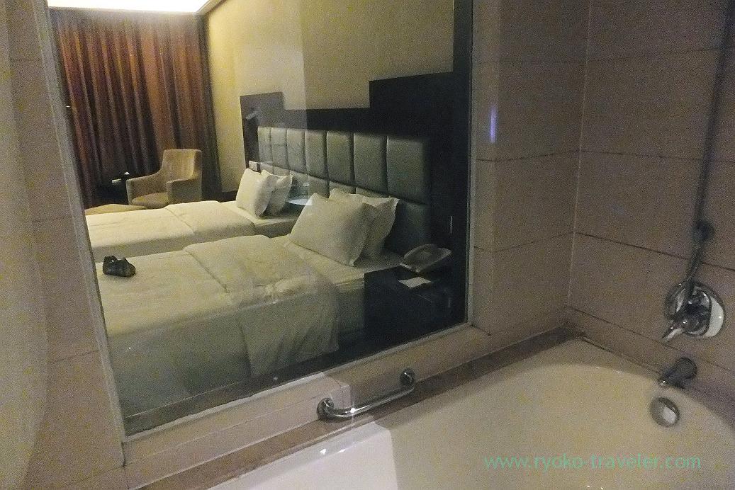Bed room and bath room divided with glass, Phoenix grand hotel ,Feng Huang(Zhangjiajie and feng huang 2015)