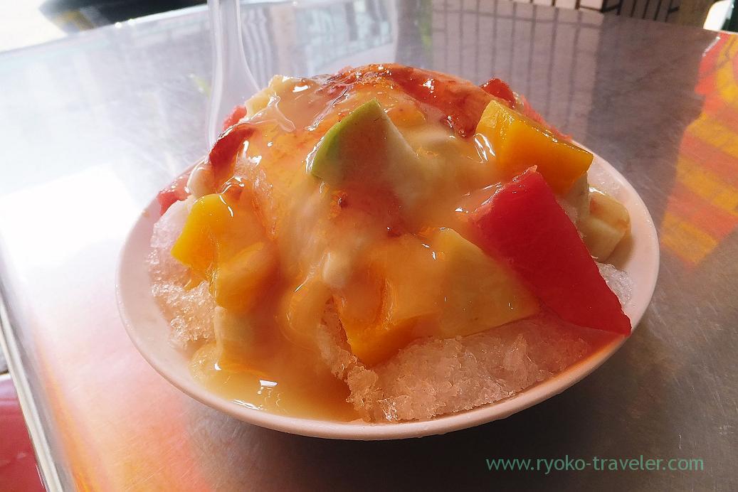 Shaved ice with assorted fruits and almond jelly at a distance, Shaved ice shop, Sizihwan, Kaohsiung, Taiwan Kaohsiung 2015