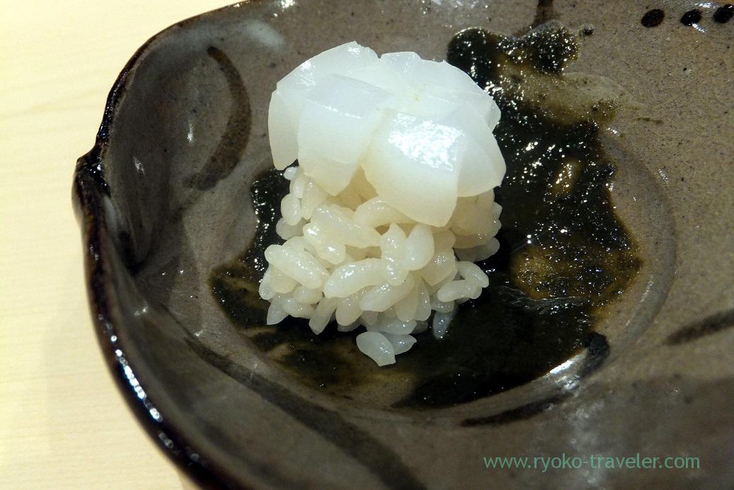 Squid and shari with abalone innards, Sushi Hashimoto (Shintomicho)