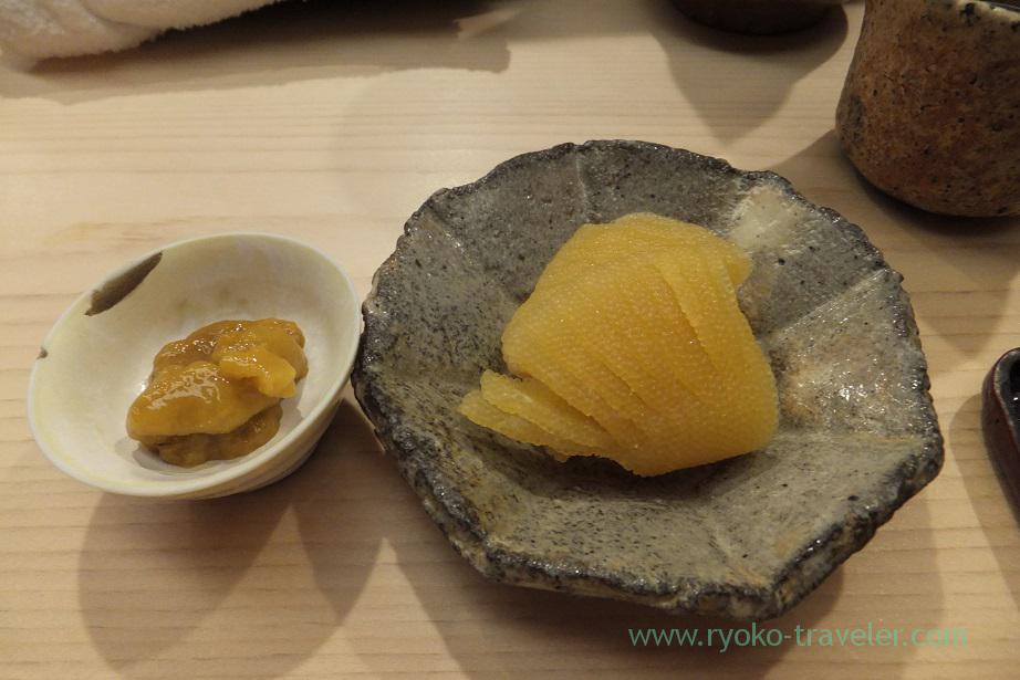 Herring roe marinated with miso and salted sea urchin, Nihonbashi Kakigaracho Sugita (Suitengu-mae)